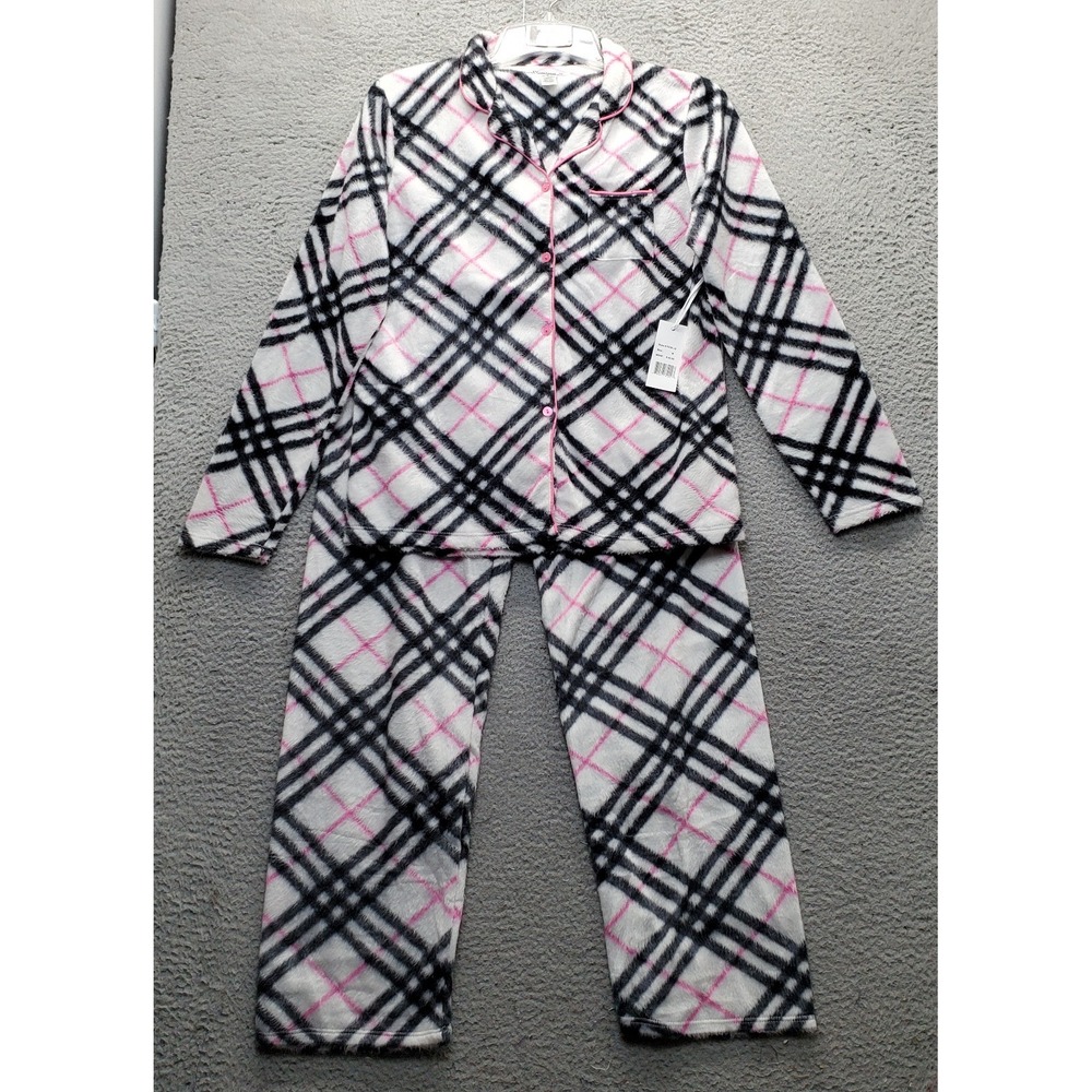 Joan Vass Fleece Pajama Set Womens Medium Multi Plaid Button Front Sleepwear
